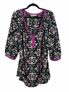 Daniel Rainn Black & Purple Abstract Boho Peasant Tunic Blouse 1X Tie Neckline